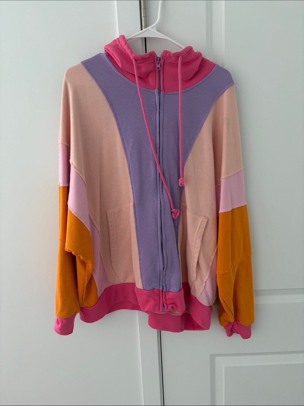 Colorblock Bomber Hoodie Jacket in Pink, Lavender & Orange